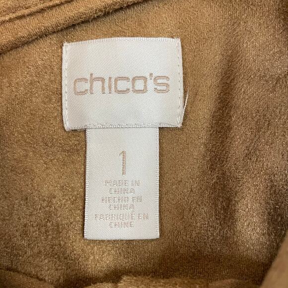 Chico’s 1 (M) Tan Faux Suede Button Down Shirt Blouse Stretch Soft Long Sleeve - Picture 3 of 7